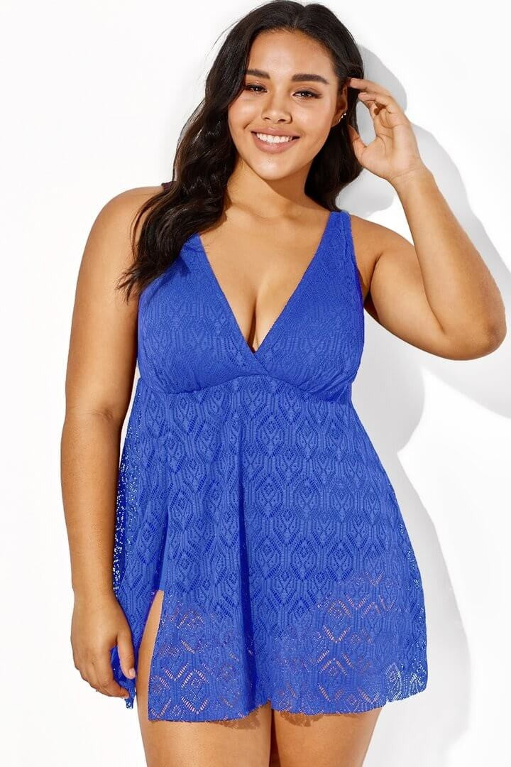 Blue Crochet Side Slit V-Neck Graceful Swimdress