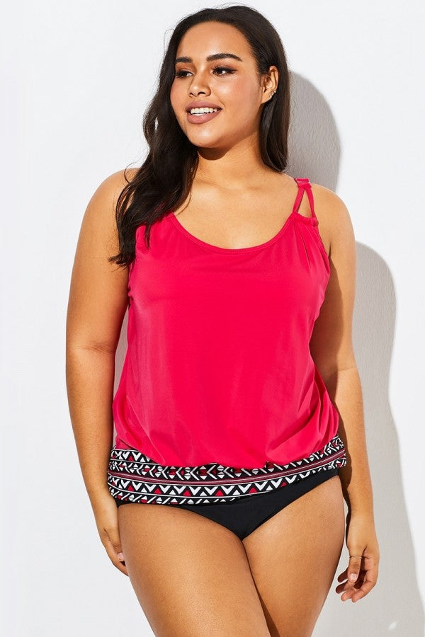 Women Red Loop Strap Blouson Tankini Top