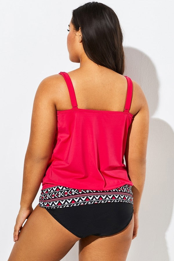 Women Red Loop Strap Blouson Tankini Top