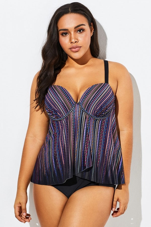 Stripe Flowy Sweetheart Neckline Underwire Tankini Set