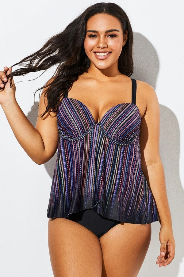 Stripe Flowy Sweetheart Neckline Underwire Tankini Set