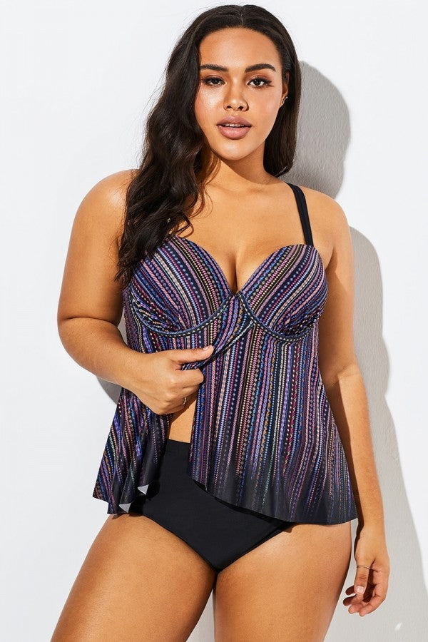 Stripe Flowy Sweetheart Neckline Underwire Tankini Set