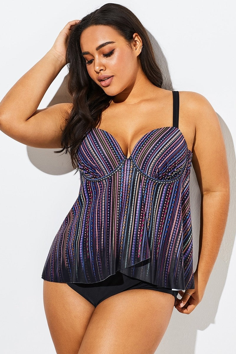 Stripe Flowy Sweetheart Neckline Underwire Tankini Set