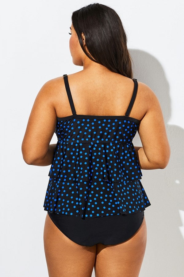 Black and Blue Dots Tiered Tankini Bathing Suit