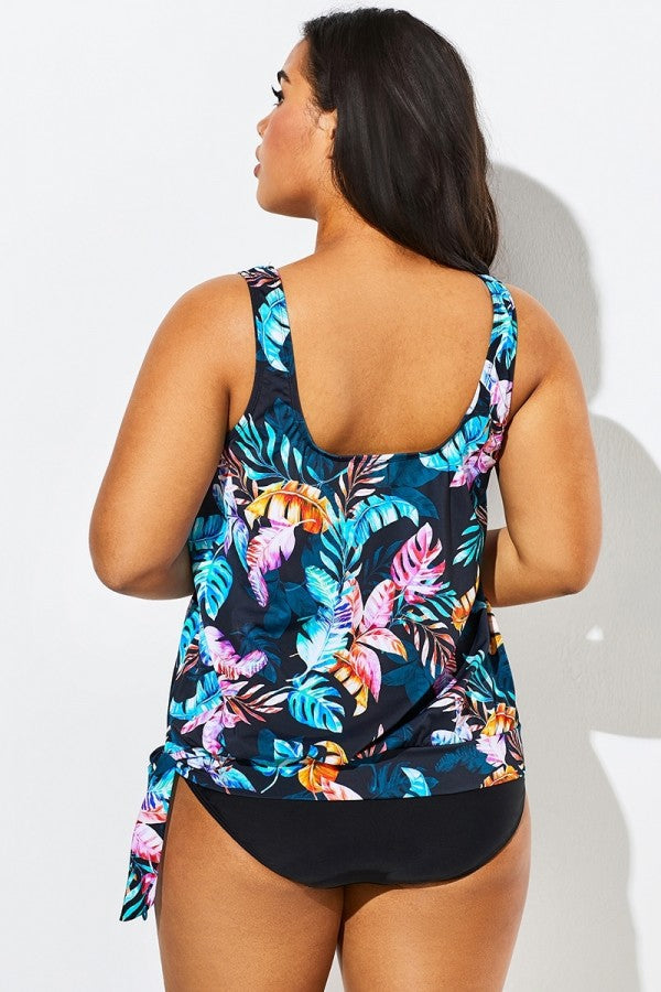 Palm Leaves Side Tie Hemline Blouson Tankini Set