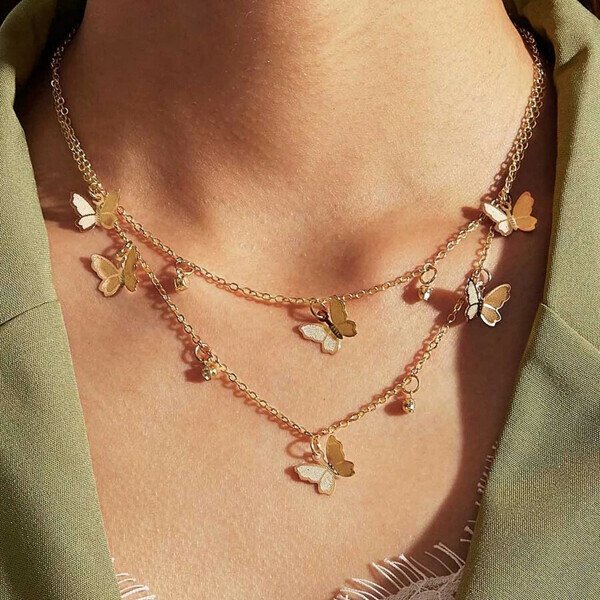 18K Gold Butterfly Choker Double Layer Necklace.