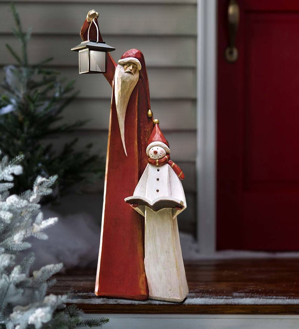 Santa And Snowman Sculpture With Solar Lantern