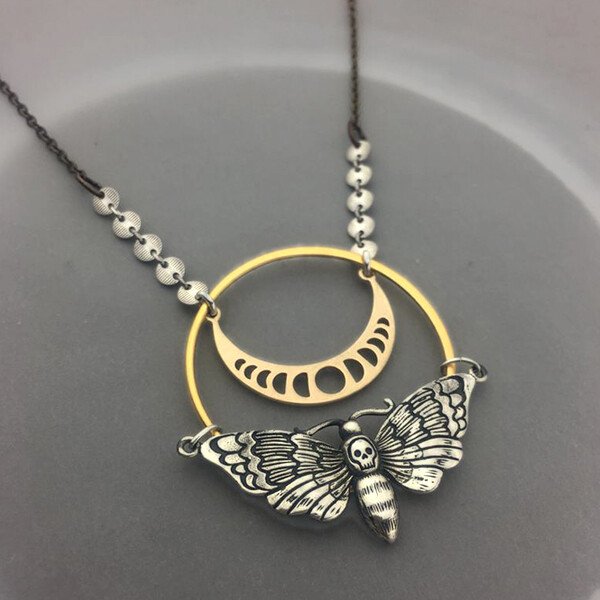 Moon Phase Skull Moth Necklace.