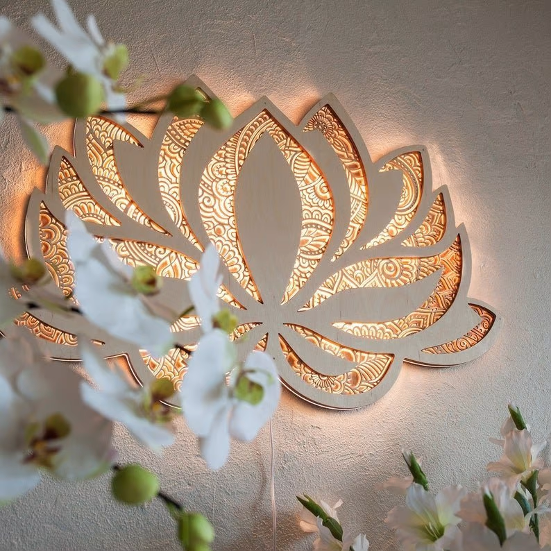 Handmade wooden mandala wall lamp