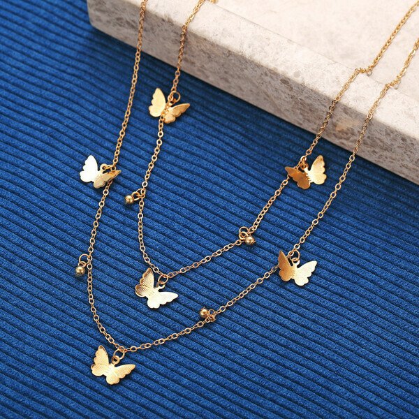 18K Gold Butterfly Choker Double Layer Necklace.