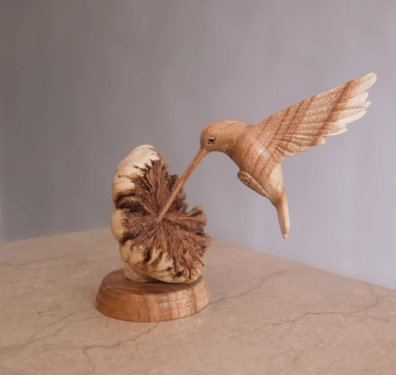 Wooden Hummingbird Feeding on a Flower, Handmade Sculpture