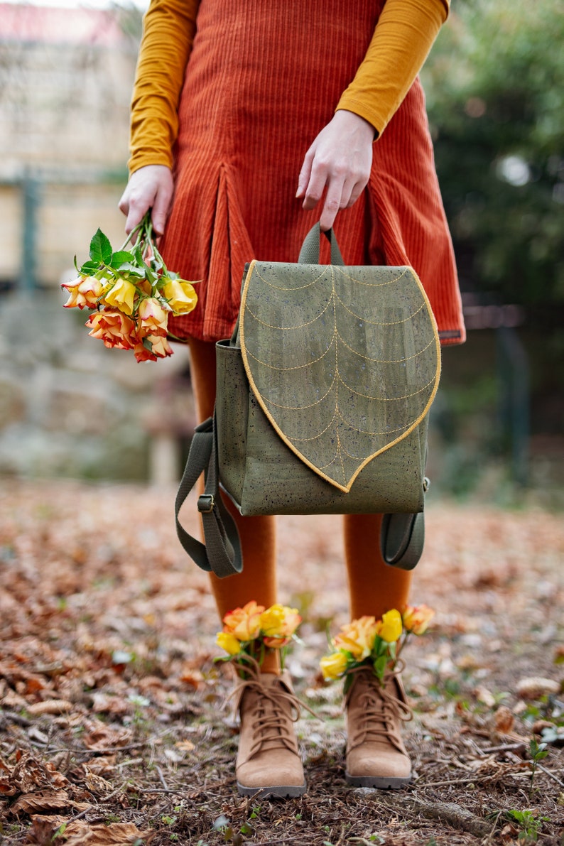 SPRING SALE 45% OFF - Green Cork Leather Leaf Backpack