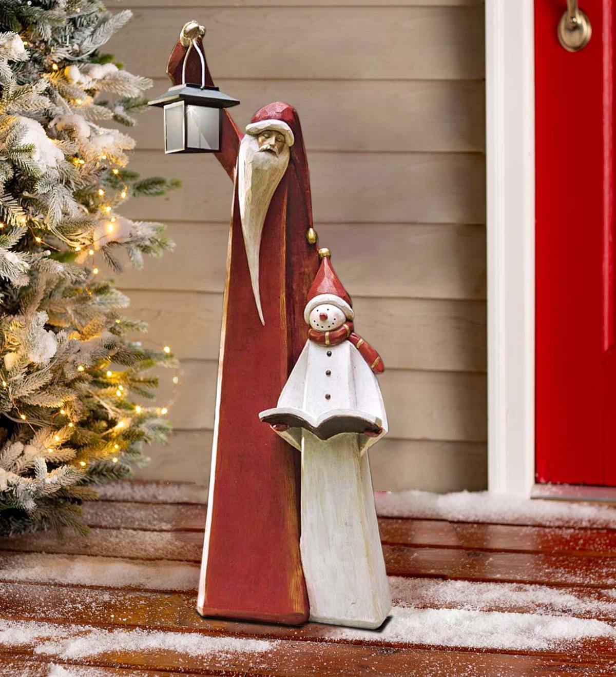 Santa And Snowman Sculpture With Solar Lantern