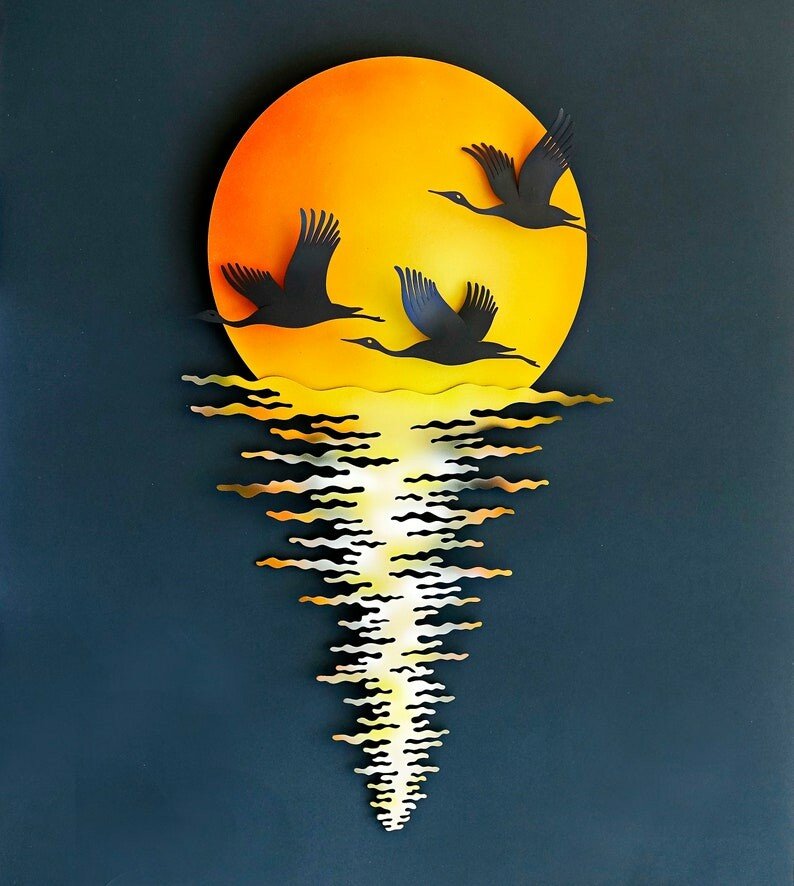 3D Birds at Sunset on Water Wall Sculpture