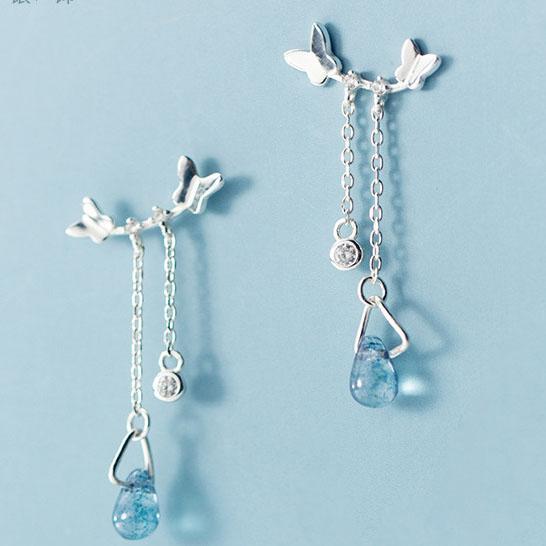 925 Sterling Silver Blue Water Drop Butterfly Earrings